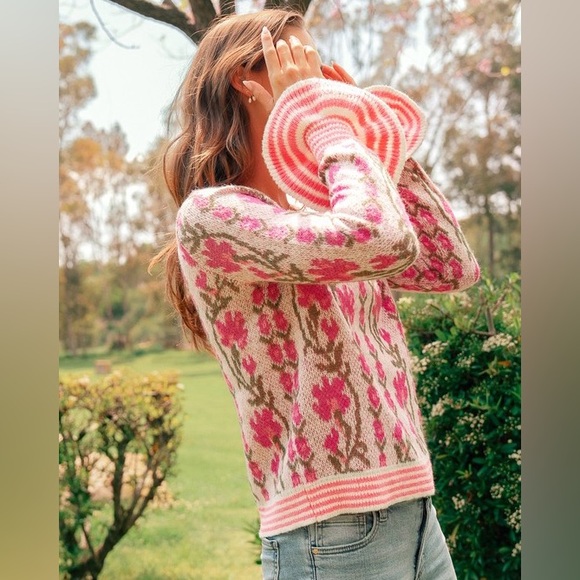 Fuchsia pink floral intarsia Puff striped Sleeve boho bohemian ribbed sweater - Picture 8 of 12